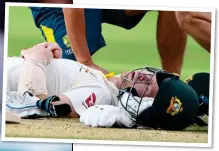  ??  ?? HEAD SHOT: Steve Smith is struck by a bouncer from Jofra Archer at Lord’s during the 2019 Ashes and (inset) receives treatment on the pitch