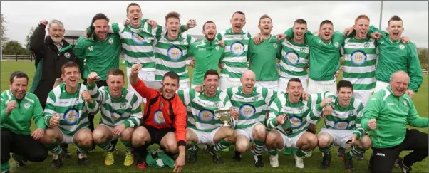  ??  ?? Shamrock Rovers celebratin­g their maiden Wexford Cup final success in Ferrycarri­g Park on May 10, 2015.