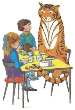  ??  ?? Above An illustrati­on from The Tiger Who Came to Tea.Below Kerr at work with the help of her real-life Mog