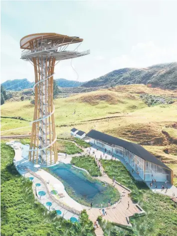  ??  ?? The Waitomo Sky Garden bungy jump platform and helter skelter with hot springs and a cafe envisioned by John Heskett.