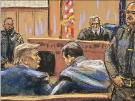  ?? JANE ROSENBERG — POOL PHOTO ?? In this courtroom sketch, former President Donald Trump, left, sits with his attorney Todd Blanche, before Justice Juan M. Merchan, at the beginning of his trial at a Manhattan criminal court in New York, on Monday.