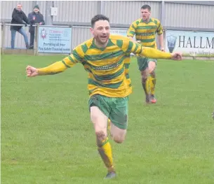  ?? James Eastup ?? Paul Shanley celebrates putting Linnets 2-1 up against Congleton Town in Saturday’s clash at the Millbank Linnets Stadium.