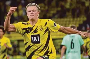  ?? AFP PIC ?? Dortmund’s Erling Braut Haaland celebrates his goal against Borussia Moenchengl­adbach in a Bundesliga match in Dortmund on Saturday.