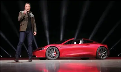  ??  ?? Elon Musk unveils the Roadster 2 in Hawthorne, California, on 16 November 2017. Photograph: Reuters