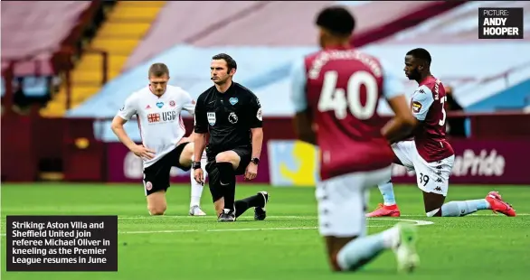  ??  ?? Striking: Aston Villa and Sheffield United join referee Michael Oliver in kneeling as the Premier League resumes in June
PICTURE: ANDY HOOPER
