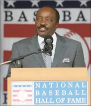  ?? Mike Groll / Associated Press ?? Baseball Hall of Famer Joe Morgan speaks during ceremonies in Cooperstow­n, N.Y. Morgan died on Sunday at the age of 77.