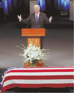  ?? APPHOTOS ?? MOVING TRIBUTE: Former Vice President Joe Biden gives a tribute, above, before a military honor guard, left, carries the casket of Sen. John McCain after a memorial service at North Phoenix Baptist Church yesterday in Phoenix.