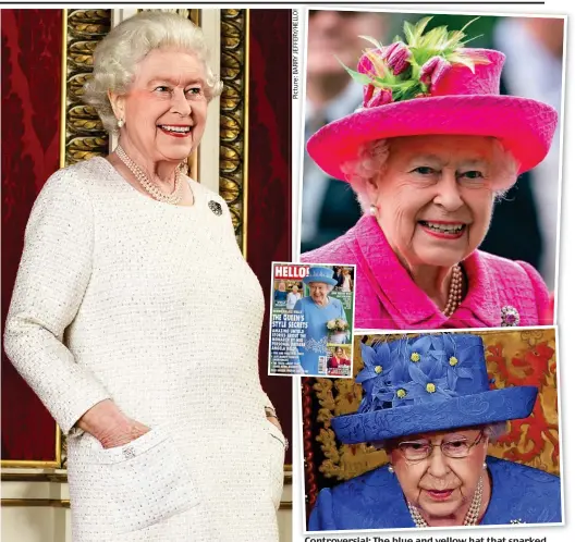  ??  ?? Gleefully casual: The Queen posing with hands in pockets Controvers­ial: The blue and yellow hat that sparked Brexit claims. Top: At Royal Ascot in June 2017