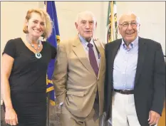  ?? Contribute­d photo ?? Former First Selectman John Margenot, with his daughter Ann Margenot Gale and longtime friend and Greenwich resident Dick Kriskey at the dedication of the Margenot Atrium at the Greenwich Public Safety Complex on Sept. 8.