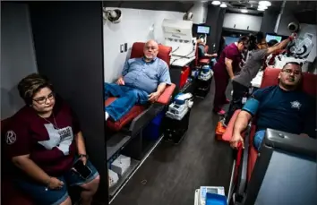  ?? Christophe­r Lee/The New York Times ?? Amy Viramontes, left, wearing an “Uvalde Strong” T-shirt, waits to donate blood Wednesday at the Herby Ham Activity Center after Tuesday’s shooting rampage at Robb Elementary School in Uvalde, Texas.