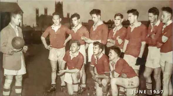  ??  ?? Better days ... Louth training in June 1957 ahead of their Leinster Final against Dublin in the Gaelic Grounds, Dundalk. You can see the spires of St Patrick’s in the backround. From left, trainier Jim Quigley, back row, Stephen White, Jim McArdle, Dan...