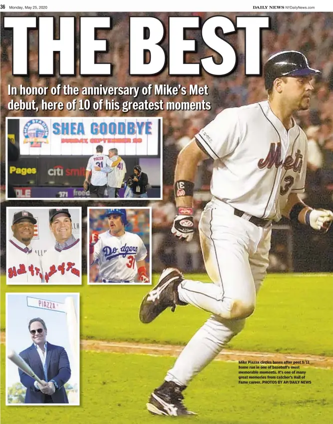  ??  ?? Mike Piazza circles bases after post 9/11 home run in one of baseball’s most memorable moments. It’s one of many great memories from catcher’s Hall of Fame career. PHOTOS BY AP/DAILY NEWS