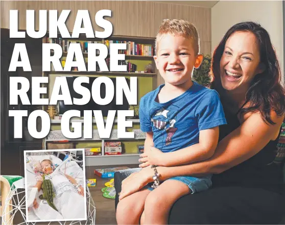  ?? Picture: ZAK SIMMONDS ?? BRAVE: Aimee Cantarella C with son Lukas Chatfield, 4, inside the new Ronald McDonald House North Queensland family room. INSET: Lukas during one of his many stays in hospital for treatment of a rare disease.