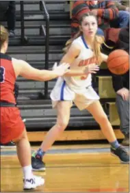  ??  ?? Oneida sophomore Ella Rainbow steps back for a shot fake with VVS point guard Anna Rossi defending during girls hoops action on Friday, Jan. 11.