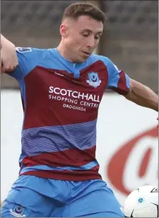  ??  ?? Chris Lyons’ rich vein of form continued with his sixth goal of the season to put Drogheda in the driving seat against Cabinteely.