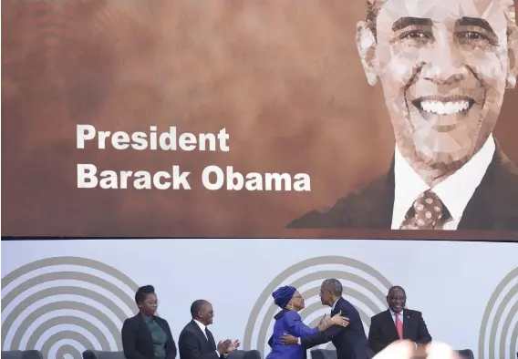  ?? Picture: Refilwe Modise ?? THE LEGACY. Former US president Barack Obama greets Graca Machel before the 2018 Nelson Mandela Memorial Lecture.