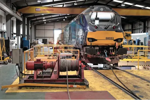  ??  ?? Direct Rail Services 68033 undergoes treatment for wheel flats at ATC’s wheel lathe.