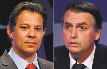 ?? Photos by Nelson Almeida / AFP / Getty Images ?? Liberal Fernando Haddad, left, faces rightist Jair Bolsonaro in the Oct. 28 presidenti­al runoff election.