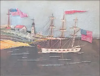  ?? COURTESY OF CUSTOM HOUSE MARITIME MUSEUM ?? A depiction of Boston Harbor with oversized American flags flying in the background. This is the only work in the 22-piece collection that features American flags and will remain in the museum’s permanent collection. The names, artists and dates of the...