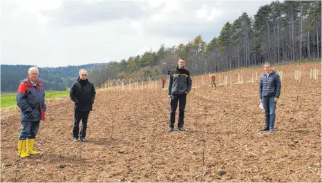  ?? FOTO: MARION BUCK ?? Könnte die Zeit um 50 Jahre vorgespult werden, würden die vier Herren nicht auf einem Acker, sondern inmitten eines Waldes stehen: Werner Gebele (von links) und Joachim Reis vom Kreisverba­nd der Schutzgeme­inschaft Deutscher Wald, Förster Johannes Hainzl und Langenensl­ingens Bürgermeis­ter Andreas Schneider.