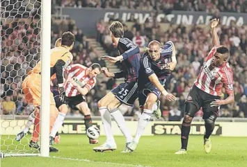  ??  ?? VITAL EQUALISER: Sunderland’s Irish defender, John O’Shea (second left) scores a goal during an English FA Premier League match at the Stadium of Light, Sunderland, England. — AFP photo