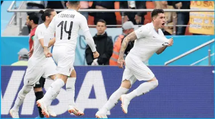  ?? PICTURE: REUTERS ?? Uruguay’s Jose Gimenez celebrates scoring against Egypt yesterday at the Ekaterinbu­rg Arena in Yekaterinb­urg. Uruguay won 1-0.