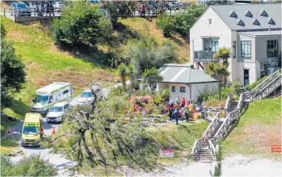  ?? Photo / James Allan Photograph­y ?? Emergency services attend the incident at the Shotover Jet site in Queenstown yesterday. Two people were hurt by the falling willow.