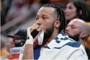  ?? Michael Conroy/Associated Press ?? Knicks guard Jalen Brunson sits on the bench during the second half of Game 6 against the Indiana Pacers.
