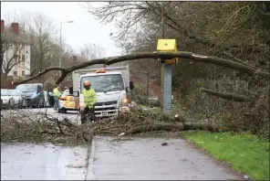  ?? (AP/Jonathan Brady) ?? Workmen clear away a fallen tree Sunday in Tilehurst, England, an area hit by Storm Ciara. More photos at arkansason­line.com/210ciara/.
