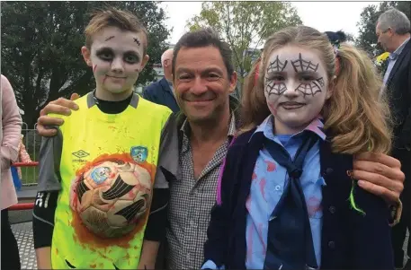  ??  ?? Dominic West makes some scary new friends at last week’s opening in Glin: best-dressed winners Luke Costello and Caoimhe Mulroe.