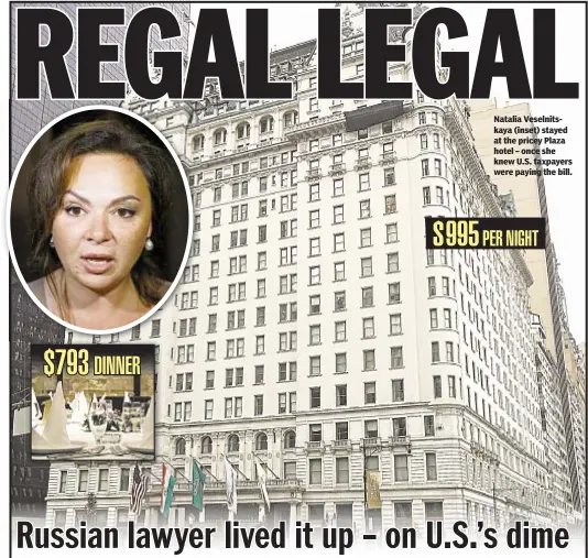  ??  ?? Natalia Veselnitsk­aya (inset) stayed at the pricey Plaza hotel – once she knew U.S. taxpayers were paying the bill.