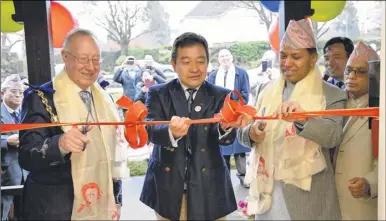  ??  ?? The Mayor of Maidstone, Cllr Derek Butler, Gurkha spokesman Dhan Chand and Nepal’s UK ambassador, Dr Durga Bahadur Subedi, open the pavilion