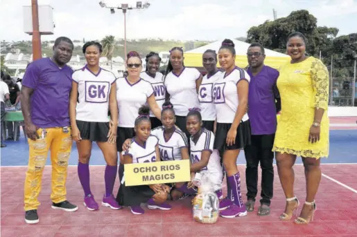  ??  ?? Ocho Rios Magics, winners of the prize for Best Dressed Team at the opening day parade of the Sunshine Cereals/netball Jamaica Intermedia­te League, pose for the camera.
