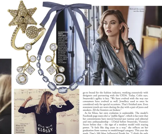  ??  ?? Kloss on the road with her coding workshops. CLOCKWISE FROM TOP LEFT: SWAROVSKI RING, $349; ATELIER SWAROVSKI BY ROSIE ASSOULIN NECKLACE, $899; ATELIER SWAROVSKI BY PETER PILOTTO EARRINGS, P.O. A., BOTH AVAILABLE FROM OCTOBER. Behind the scenes on the...