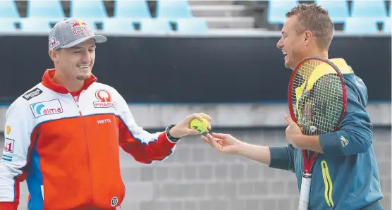  ??  ?? MAKING RACKET: Townsville’s Jack Miller gets tennis tips from Australian Davis Cup captain Leyton Hewitt during an Australian MotoGP media call yesterday.