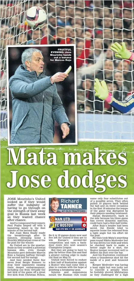  ??  ?? FRUITFUL EVENING: Jose Mourinho hands out a banana for Marcos Rojo