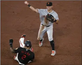  ?? PATRICK SMITH/ TRIBUNE NEWS SERVICE ?? Giants shortstop Joe Panik turns the double play on Baltimore Orioles' Jonathan Villar (2) in the sixth inning at Oriole Park at Camden Yards in Baltimore on Friday.