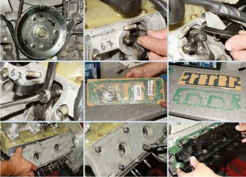  ??  ?? The most efficient way to check all 12 valve clearances is to rotate pulley clockwise in sequence shown. Digits only just visible here – 1, 6 and 2 on outer ‘circle’, then 4, 3 and 5 on the inner – relate to standard firing order. Line them up in turn with the matching mark at 12 o’clock on the engine, and you should be spot-on. With crank in the required position it should be possible to feel slight up-anddown play in the end of the rocker arm, or to slide it sideways on its shaft. If not, it may mean that clearances are way too tight – or that you haven’t set crank correctly. Adjustment process is the same as for any other engine – albeit much easier with a specially shaped small feeler blades on a ‘hook’. Check fit of blade again after you have tightened the adjuster’s locknut. Use new camshaftco­ver gaskets, plus sealing washers and nuts. Refitting the old parts is always false economy. Upper (inlet) and lower (exhaust) valve covers are slightly different, and so too the gaskets. This engine was at the end of a rebuild, so all components were spotless, but usually all you will need to do is give the covers a quick rinse. Check for damage, though: scratches or gouges on joint faces, cracks, and perhaps even distortion from previous overtighte­ning. Don’t forget the washers. Porsche torque figure for valve-cover nuts is 8Nm, but winding them on with a speed brace and giving them a final modest tweak is sufficient. Ribbed, black cover is heavier-duty item for the exhaust valves. Note that the gaskets are fitted ‘dry’, with no sealant. If you need that to stop oil leaks, then you need to look for other problems that might lie behind them