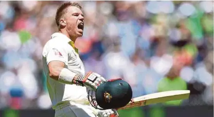  ?? EPA PIC ?? Australia’s David Warner celebrates after scoring his century against England yesterday.