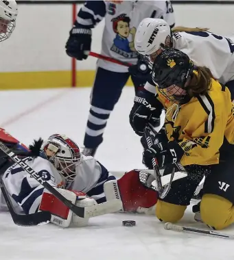  ?? STUART CAHILL / HERALD STAFF FILE ?? WINNING WAYS: Pride forward Jillian Dempsey (right) fights for the puck from her knees with against the Metropolit­an Riveters in November. Dempsey leads the league with 40 points and is seen as front-runner to win the MVP award.