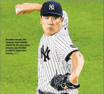  ?? GETTY ?? Masahiro Tanaka, the Yankees’ most reliable starter for the past seven seasons, has decided to pitch in Japan next season.