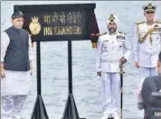  ??  ?? Rajnath Singh at the commission­ing ceremony of INS Khanderi in Mumbai on Saturday. AP