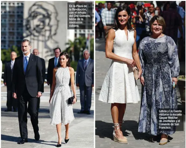  ??  ?? En la Plaza de la Revolución, con el retrato del Ché Guevara, héroe de la revolución cubana.
Letizia y Lis Cuesta visitaron la escuela Gaspar Melchor de Jovellanos y el Convento de San Francisco.