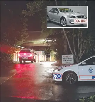  ?? Main pcture: KATE PARASKEVOS ?? Police vehicles outside the gated community in Stapylton where the body was found and a silver Commodore (inset) similar to the one used by the man to flee.