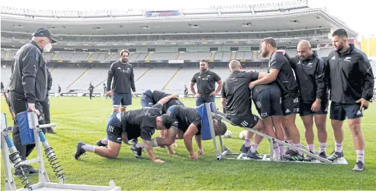  ?? AFP ?? New Zealand players take part in a training session at Eden Park in Auckland yesterday.