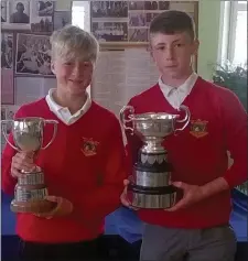  ??  ?? Freddie Morgan and Aaron Garvey, junior members of Co Louth Golf Club, both had reason to celebrate last week. Freddie (left) was the leading qualifier of the Leinster U-12 section at the Irish Junior Open at Citywest GC, while Aaron won the Boys U-13...