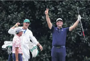  ?? PHOTO: GETTY IMAGES ?? Shot, bro . . . Jon Rahm, of Spain, celebrates with his caddie, Adam Hayes, and fellow player Rickie Fowler, of the United States, after skipping his ball across the lake at the 16th for a hole in one during a practice round yesterday for the Masters at Augusta National Golf Club.