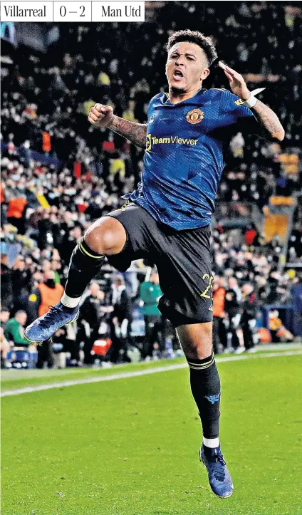  ?? ?? Off the mark: Jadon Sancho celebrates scoring United’s second in the Champions League at Villarreal last night, his first goal for the club