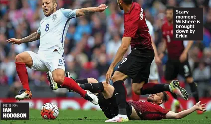  ??  ?? Scary moment: Wilshere is brought down by Erkin