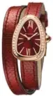  ??  ?? Bulgari Serpenti watch in pink gold with red dial and Karung bracelet in red featuring diamonds on the bezel and rubellite crown Dhs37,500